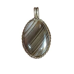 VTG Sterling Silver Banded Agate Pendant, Signed JS, Navajo Native Style, SW 2”